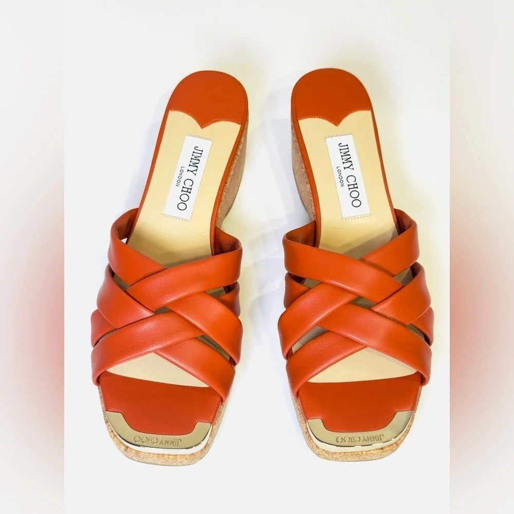 Jimmy Choo Maribou 50 Platform Wedge Slide Sandals Orange Napa Leather Size 38